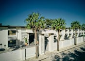 Thumbnail 6 of 30 - A row of white buildings with palm trees in front at The PARKER on E Mulberry Apartments, San Antonio, TX