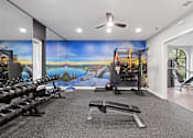 Thumbnail 23 of 48 - Fitness center with dumbbells and exercise equipment at Nalle Woods of Westlake Apartments, Austin, 78746