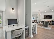 Thumbnail 5 of 29 - A modern home office with a desk, chair, and computer setup.