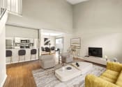 Thumbnail 6 of 16 - a living room with a yellow couch and a white coffee table at The Hudson, Carrollton, TX 75006 ?