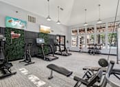 Thumbnail 17 of 54 - A gym with a variety of equipment including treadmills, weights, and exercise machines.