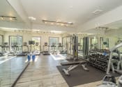 Thumbnail 15 of 23 - a gym with cardio equipment and mirrors on the wall at Radbourne Lake Apartments, Charlotte, NC ?