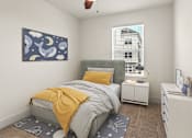 Thumbnail 51 of 57 - A bedroom with a bed, nightstand, and a painting on the wall.