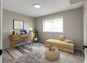 Thumbnail 9 of 12 - A bedroom with a bed, desk, chair, and window.