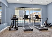 Thumbnail 11 of 16 - A home gym with a treadmill, elliptical trainer, and stationary bike.
