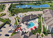Thumbnail 39 of 41 - A bird's eye view of a residential area with a swimming pool and a building.