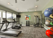 Thumbnail 21 of 28 - a gym with exercise equipment and a large window  at Aventura at Hawk Ridge, Missouri