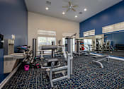 Thumbnail 13 of 30 - A spacious gym with a variety of equipment including a treadmill, weight bench, and a squat rack.