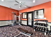 Thumbnail 21 of 22 - a gym with weights and a mirror and a ceiling fan  at Aventura at Mid Rivers, St. Charles, MO