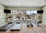 Thumbnail 23 of 36 - A gym with treadmills, elliptical machines, and a television.