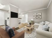 Thumbnail 32 of 56 - a living room with white furniture and a tv at 5636 Apartment Homes, Texas, 75254