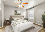 Thumbnail 42 of 56 - a bedroom with a bed and a ceiling fan at 5636 Apartment Homes, Dallas, TX