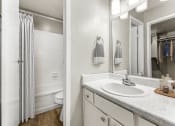 Thumbnail 44 of 56 - a bathroom with a sink and a shower and a mirror at 5636 Apartment Homes, Dallas, TX