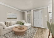 Thumbnail 20 of 56 - an open living room with a white couch and a table at 5636 Apartment Homes, Texas, 75254