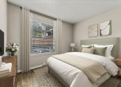 Thumbnail 27 of 56 - a bedroom with a large bed and a window at 5636 Apartment Homes, Dallas, TX, 75254