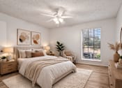 Thumbnail 4 of 43 - A bedroom with a large bed, a ceiling fan, and a window with blinds.