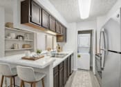 Thumbnail 10 of 43 - A kitchen with white countertops and a white refrigerator.