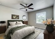 Thumbnail 22 of 54 - a bedroom with a large bed and a ceiling fan at The Frederick, San Antonio, TX