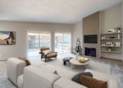Thumbnail 1 of 47 - A living room with a white couch and a television.