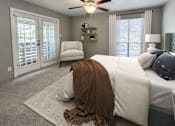 Thumbnail 26 of 28 - A bedroom with a bed, chair, and window.