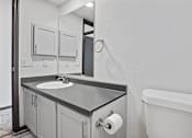 Thumbnail 25 of 45 - a bathroom with a sink and a toilet and a mirror at Tradewinds, Windcrest, Texas