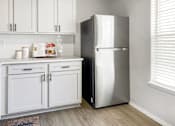 Thumbnail 24 of 79 - a kitchen with white cabinets and a stainless steel refrigerator  at Sunset Heights, Texas, 78209