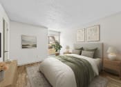 Thumbnail 33 of 58 - a bedroom with white walls and a green bedspread  at Vesper, Dallas, TX