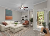 Thumbnail 44 of 55 - a living room with a white couch and a ceiling fan