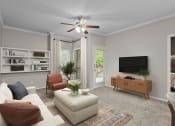 Thumbnail 43 of 55 - a living room with a ceiling fan and a tv