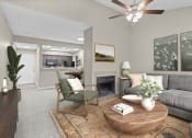 Thumbnail 49 of 55 - an open living room with a fireplace and a ceiling fan
