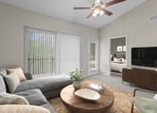 Thumbnail 47 of 55 - a living room with a couch and a coffee table and a ceiling fan