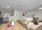 Thumbnail 27 of 32 - A modern kitchen with a black refrigerator and a dining table with a bowl of fruit on it.