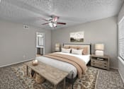 Thumbnail 30 of 32 - A bedroom with a bed, nightstand, and a ceiling fan.