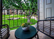 Thumbnail 9 of 10 - A small table with a plant on it sits on a balcony.