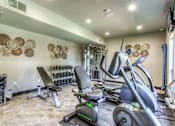 Thumbnail 13 of 18 - A gym with a treadmill, weights, and exercise equipment.