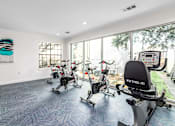 Thumbnail 21 of 27 - A gym with a row of exercise bikes and a treadmill.