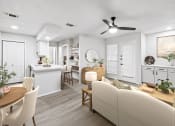 Thumbnail 3 of 47 - a living room and kitchen with white walls and a wooden floor  at Carmel at Deerfield, San Antonio, 78248