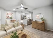 Thumbnail 1 of 47 - our apartments offer a living room with a couch a coffee table and a dining table  at Carmel at Deerfield, San Antonio