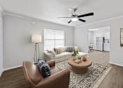 Thumbnail 2 of 79 - a living room with a couch coffee table and a ceiling fan  at Sunset Heights, Texas