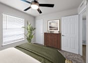 Thumbnail 17 of 79 - a bedroom with a large window and a ceiling fan  at Sunset Heights, Texas, 78209