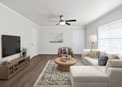 Thumbnail 10 of 79 - a living room with white walls and a large window  at Sunset Heights, San Antonio