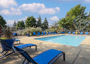 Thumbnail 17 of 19 - A pool surrounded by blue lounge chairs and trees.