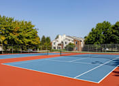 Thumbnail 14 of 20 - A tennis court with a red and blue surface and white lines.