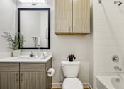 Thumbnail 116 of 140 - Bathroom with wood grain vanity and framed mirror 1 at Matador Apartments, Austin, Texas
