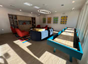 Thumbnail 56 of 83 - A room with a pool table and a shelf with books and a couch. at ThreeTwenty at the Vybe Apartments, Kyle, TX, 78640