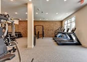 Thumbnail 18 of 46 - A gym with treadmills, weights, and exercise equipment.