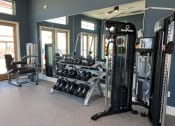 Thumbnail 36 of 52 - a fully equipped gym with weights and cardio equipment at Delco Flats, Texas, 78717