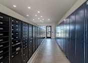 Thumbnail 7 of 55 - A long hallway with a series of lockers on the left and a door at the end.