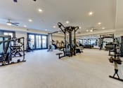 Thumbnail 12 of 80 - A spacious gym with a variety of equipment including treadmills, weights, and a ceiling fan.