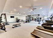 Thumbnail 13 of 80 - A spacious gym with a variety of equipment including treadmills, weights, and a television.